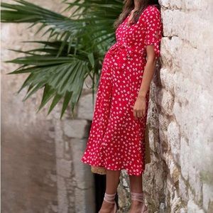 Seraphine red midi wrap maternity dress